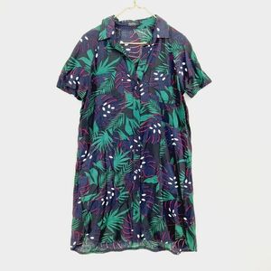 AlefAlef Viscose Green Floral Button Down Short Sleeve Collared Mini Dress P3044